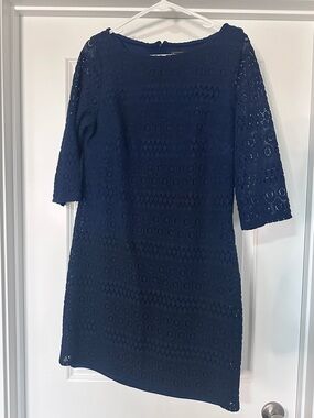 Jessica Howard Navy Crochet Mini Dress with Three-Quarter Sleeves